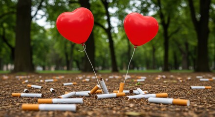Red Heart Balloons Float Above Cigarette Butts in Outdoor Park Setting