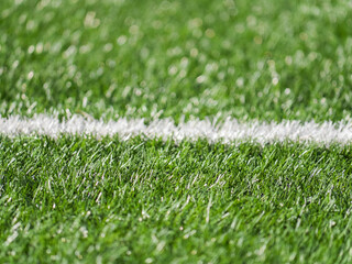 Lush green soccer field with white line and vibrant texture