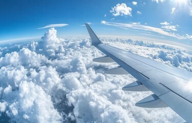Airplane Wing Flying Above White Cumulus Clouds Under Blue Sky During Daylight