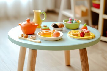 A small round table with toy dishes and pretend food. A group of toddlers pretend to serve each other snacks. The mood is fun and imaginative