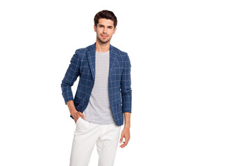 Portrait of pensive beauty guy freelancer ready to work in enterprise wear plaid checkered blazer jacket pants trousers isolated over grey background