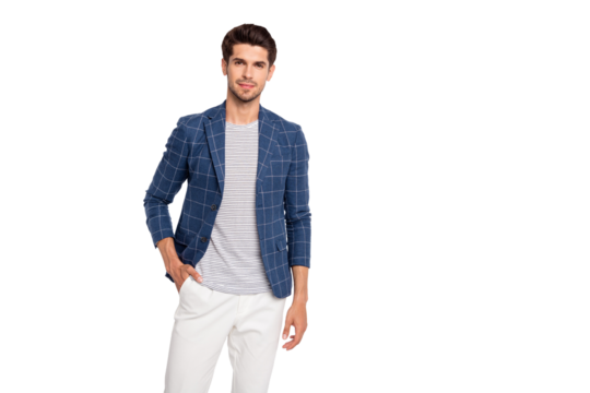 Portrait of pensive beauty guy freelancer ready to work in enterprise wear plaid checkered blazer jacket pants trousers isolated over grey background