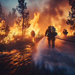 Natural disaster ,firefighters spray water to wildfire.