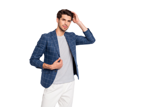 Turned photo of gorgeous style entrepreneur man wear plaid look blue jacket blazer pants trousers isolated over white background