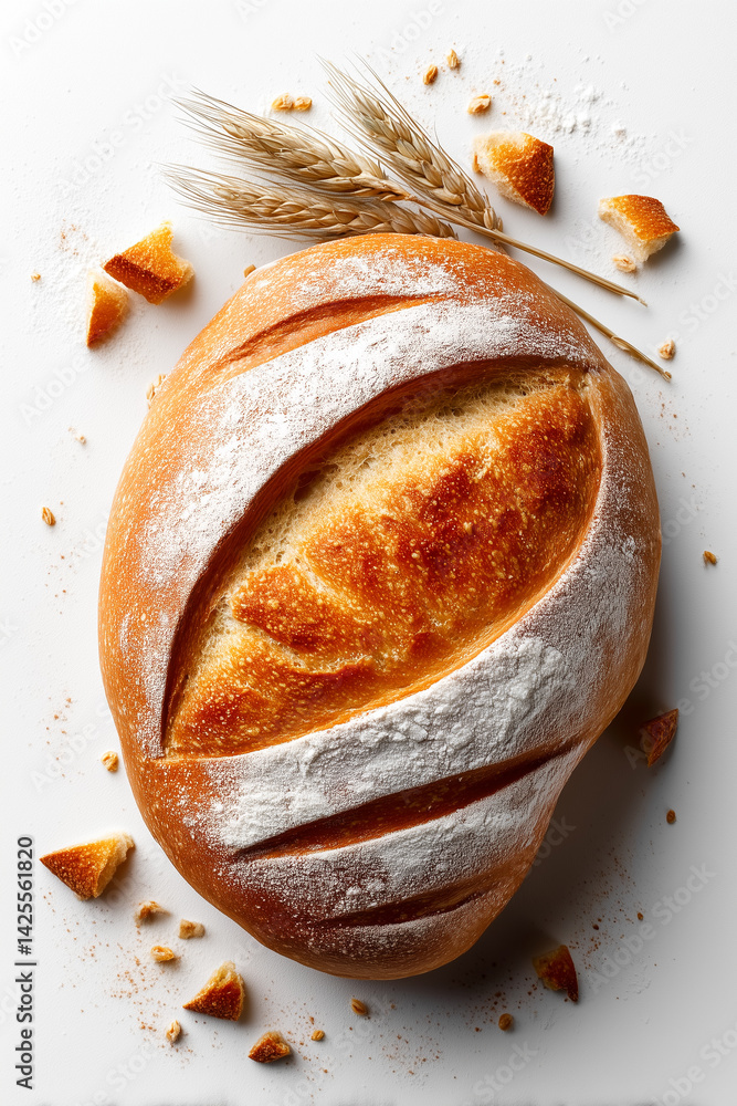 Poster artisanal loaf of bread showcasing a golden crust and unique scoring. clean white background with sc