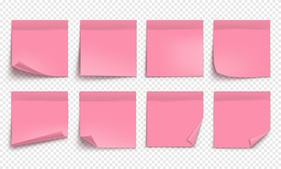 Vector pink note paper isolated on transparent background. Realistic sticky note. Mockup of pink note paper for design.