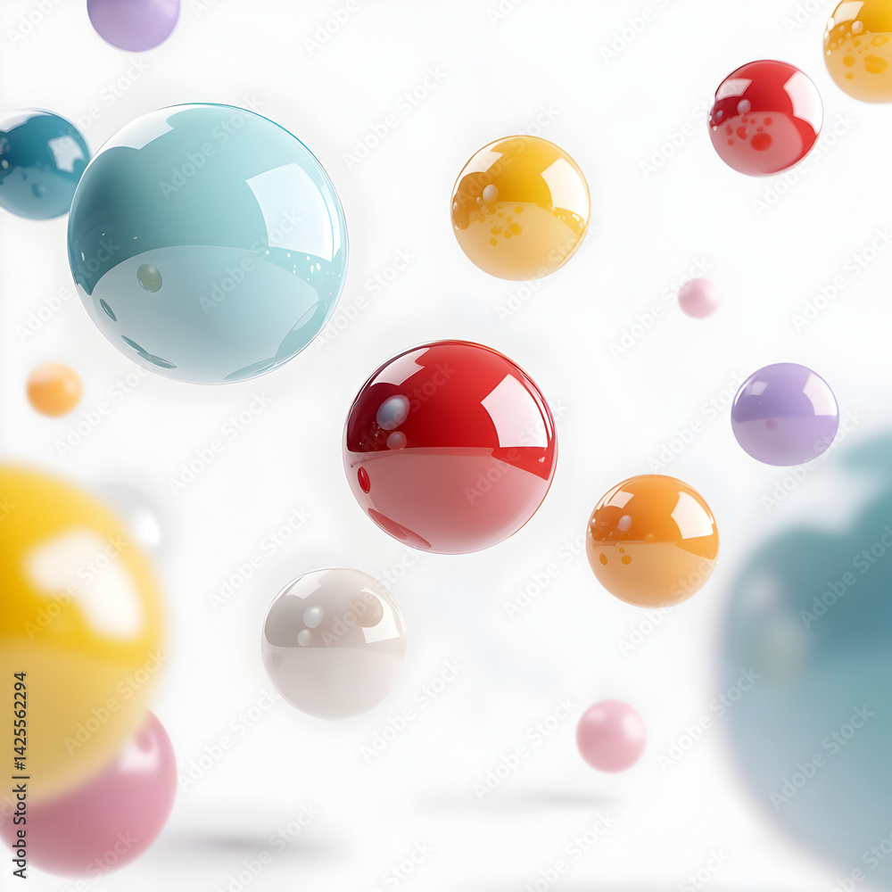 Poster chromatic spheres: an array of vividly colored, glossy spheres floats in a weightless, abstract danc