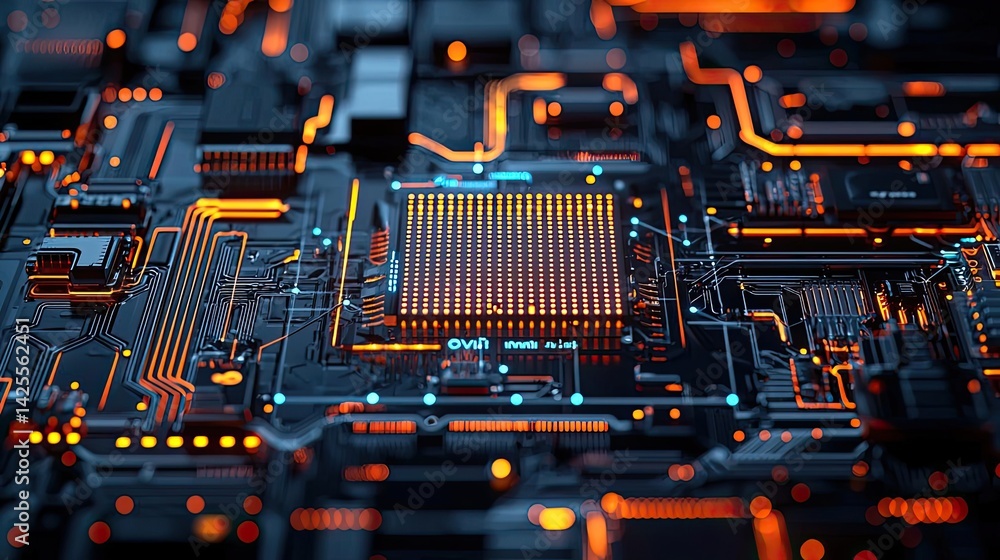 Poster lights of glowing fiber optic cables with advanced technology concept. close-up view of a circuit bo