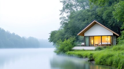 Fototapeta premium Tranquil lakeside cabin nestled amidst misty forest