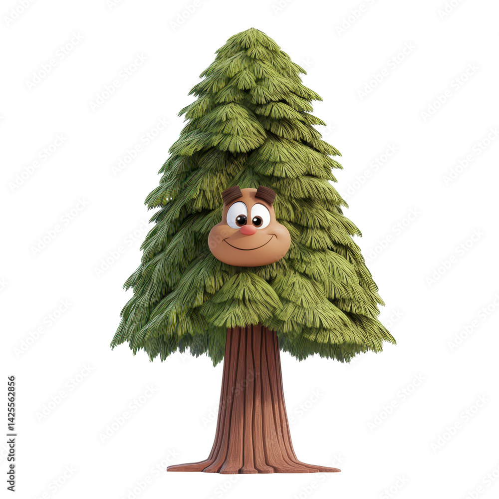 Poster friendly animated tree character stands smiling in a colorful forest setting during a sunny day