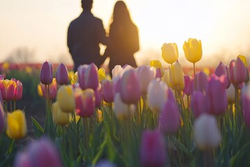 The tulip field is filled with soft pink, yellow, and purple blooms swaying in the breeze. A couple stands in the middle, taking pictures and admiring the colors around them.