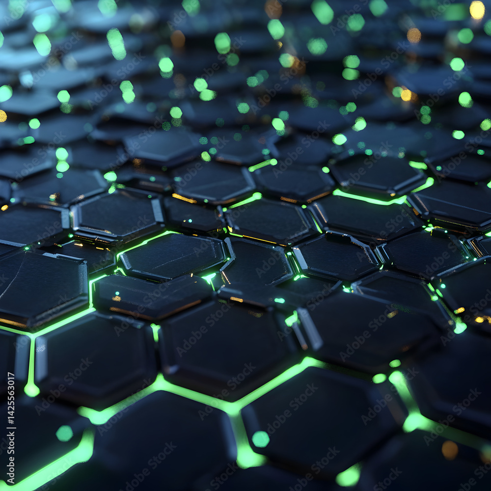 Poster hexagonal tech landscape: a visually captivating array of interconnected hexagonal tiles forming a f