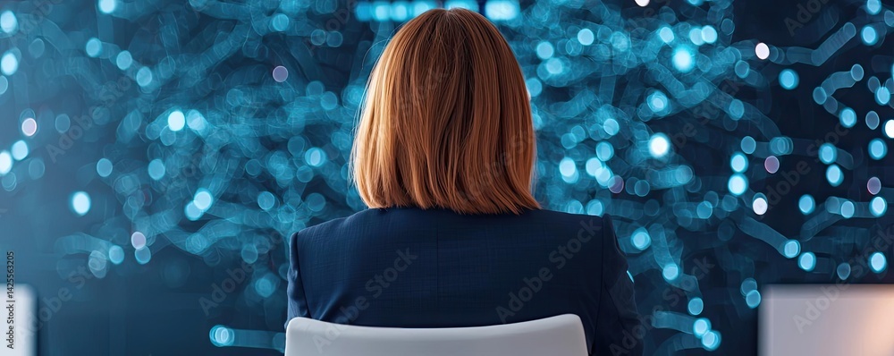 Poster hand touching artificial intelligence in digital neural network concept. a woman analyzing data in a