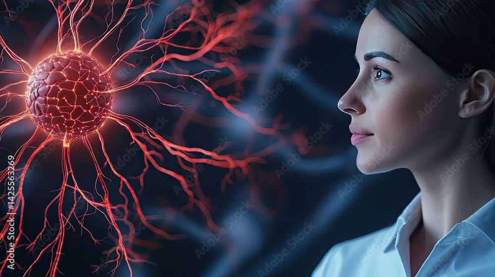 Poster hand touching artificial intelligence in digital neural network concept. a scientist assessing neura