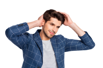 Portrait of minded well-dressed charming man touch his haircut fix hairdo wear plaid jacket blazer isolated over white background