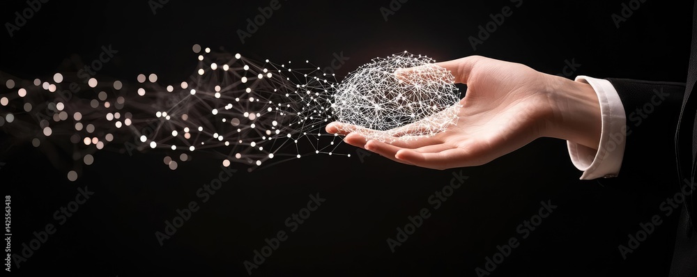 Poster hand touching artificial intelligence featuring information connection concept. a hand holding a glo