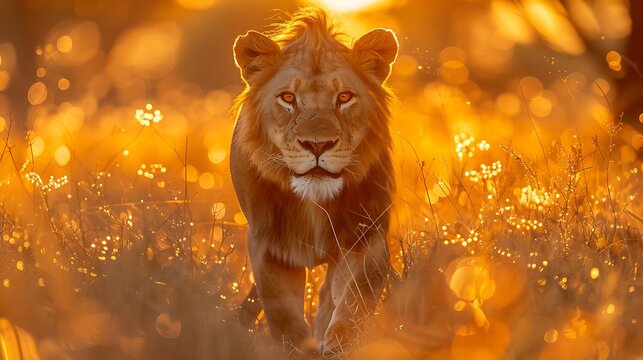 **Lion Walking Through Tall Grass As Sun Sets, Only Head Visible With Golden Rim Lighting --Ar 16:9 --S 996 --V 6.0 --Style Raw** - @Darya (Relaxed)