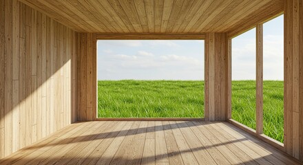 Empty Wooden Room Overlooking Green Field on a Sunny Day