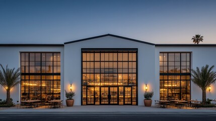 Obraz premium Commercial Building Exterior with Large Windows and Minimalist Geometric Design at Dusk