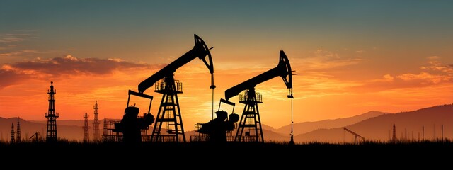 Working Pumpjacks On Sunrise. Silhouette of oil pump jack on rig. Oil drilling company growth. Financial and commodity markets. Ai generative.