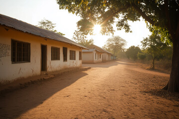Obraz premium Sunlit African village school campus in early morning