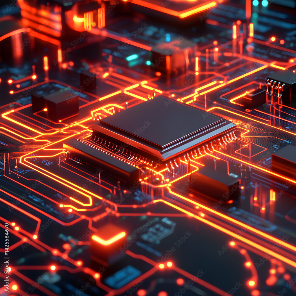 Aufkleber digital pathways: futuristic circuit board with neon glow and interconnected components, perfect for