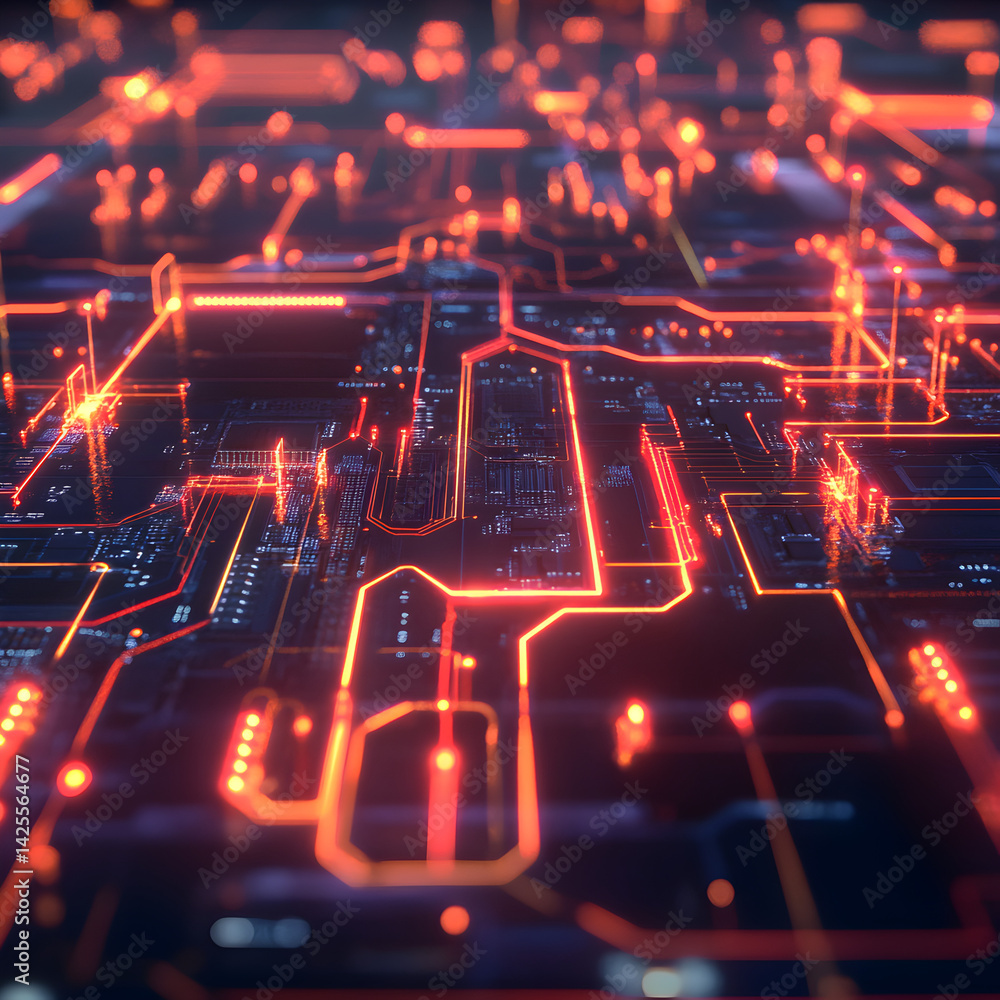 Aufkleber circuit board: intricate and visually captivating circuit board, highlighted by a network of neon or