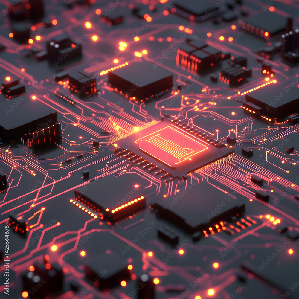 Poster cybernetic circuitry: an intricate close-up of a computer motherboard, showcasing its complex networ
