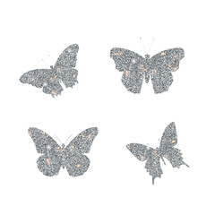 Set of vector glitter silver bright butterfly. Design elements for card. Beautiful glitter butterflies isolated on white background.