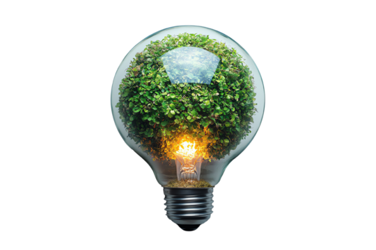 Eco-friendly light bulb with green plants and illuminated interior, showcasing sustainability and innovation.