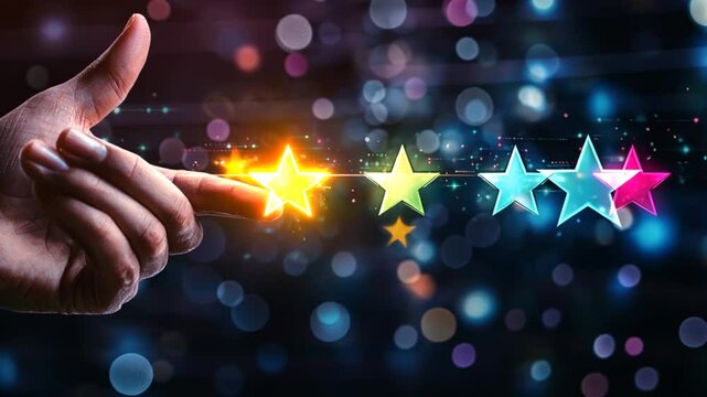 Hand interacting with colorful stars against a blurred background, representing ratings and feedback