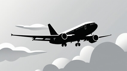 Clean vector silhouette of a commercial airplane in side view, flying across a minimal sky with high contrast black on white background, professional 