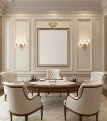 Elegant Office Interior With White Walls Wooden Table And Decorative Elements