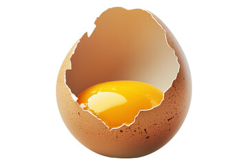 Close-up of cracked brown egg with yolk inside eggshell, isolated on white transparent background. Concept of Easter, food, fertility, and organic nutrition