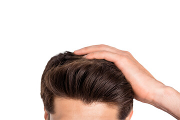 Cropped close-up photo of macho fix his haircut after anti dandruff therapy  isolated over white...