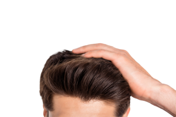 Cropped close-up photo of macho fix his haircut after anti dandruff therapy  isolated over white background