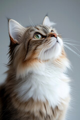 Long haired cat gazing upwards in thoughtful pose