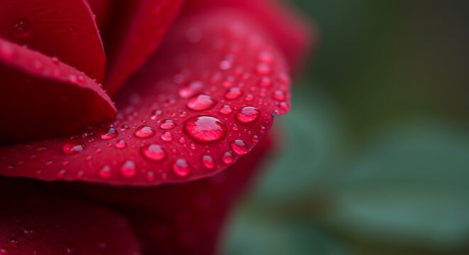 Rain Droplets on Red Rose Petal – Macro Close-Up. Macro view of red rose petal with glistening rain droplets, creating reflective texture. Great for romantic themes, nature campaigns, and floral backg