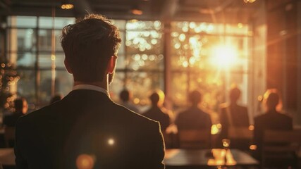 Speaker in Silhouette: A charismatic speaker stands silhouetted against a backdrop of a sunlit cityscape, delivering a compelling presentation to an attentive audience.