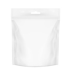 Realistic stand up pouch bag with hang slot mockup. Front view. Vector illustration isolated on white background. Ready for your design. EPS10.