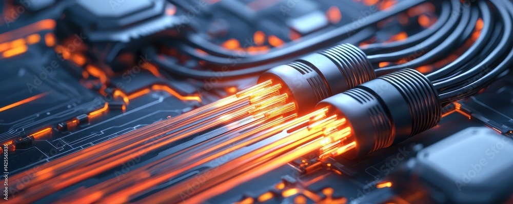 Poster lights of glowing fiber optic cables with advanced technology concept. close-up of illuminated data 