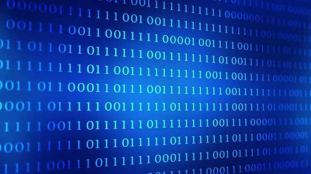 binary code animation on abstract blue illuminated background with copy space, computer language in motion for illustration of coding big data 