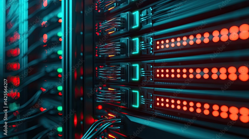 Poster lights of glowing fiber optic cables with advanced technology concept. a close-up of illuminated ser