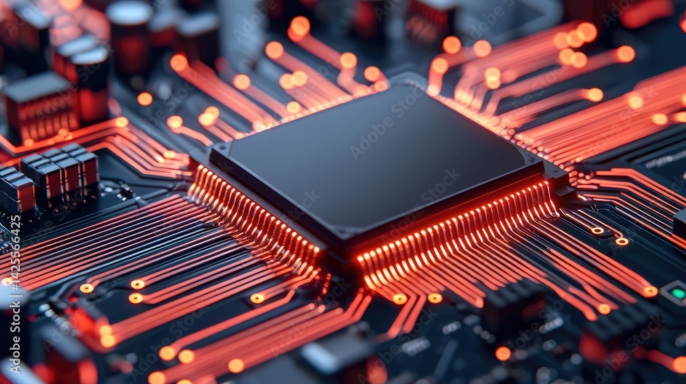 Poster lights of glowing fiber optic cables with advanced technology concept. close-up view of a microchip 
