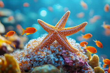 Sea Star Resting on Coral Surrounded by Colorful Fish in Ocean Habitat Created with Generative AI