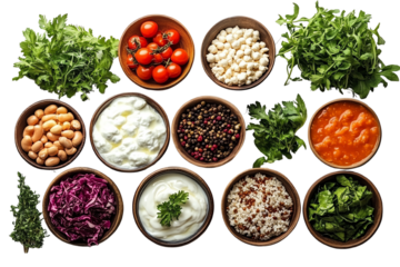 Fresh ingredients arranged in bowls for a healthy meal preparation, white isolate background.