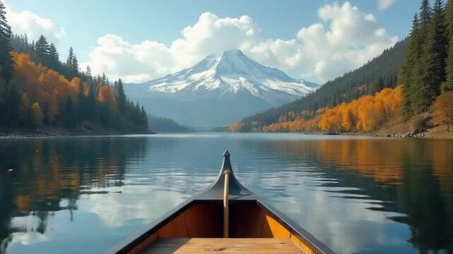 Canoe Ride on Mountain Lake in Autumn