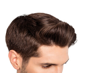 Obraz premium Profile side close-up photo of dream cool man have haircut hairdo after salon therapy isolated over grey background