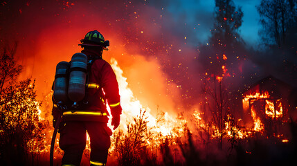 A firefighter fighting a natural disaster. The concept of fighting a forest fire.