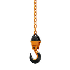 Orange and black lever hoist with a chain and hook isolated background 02